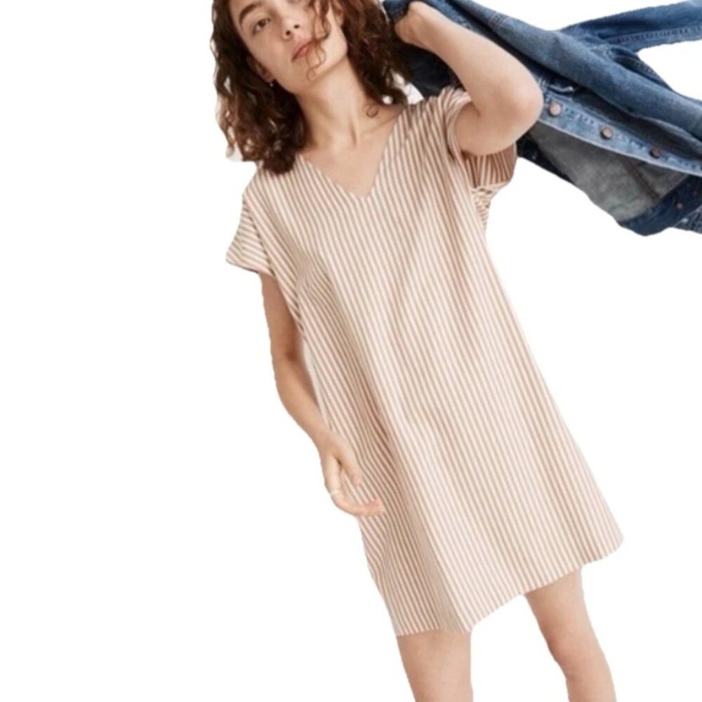 MADEWELL Tan/White Striped V-neck Cap Sleeves Shift Dress Sz XS